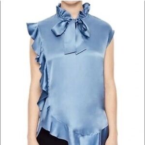 Sandro Blue Ruffled Asymmetrical Blouse